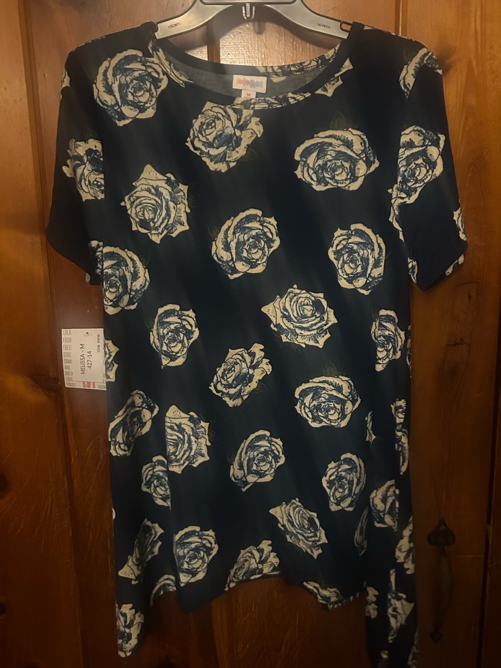 LuLaRoe Black Tunic with Cream Rose Print Melissa - L